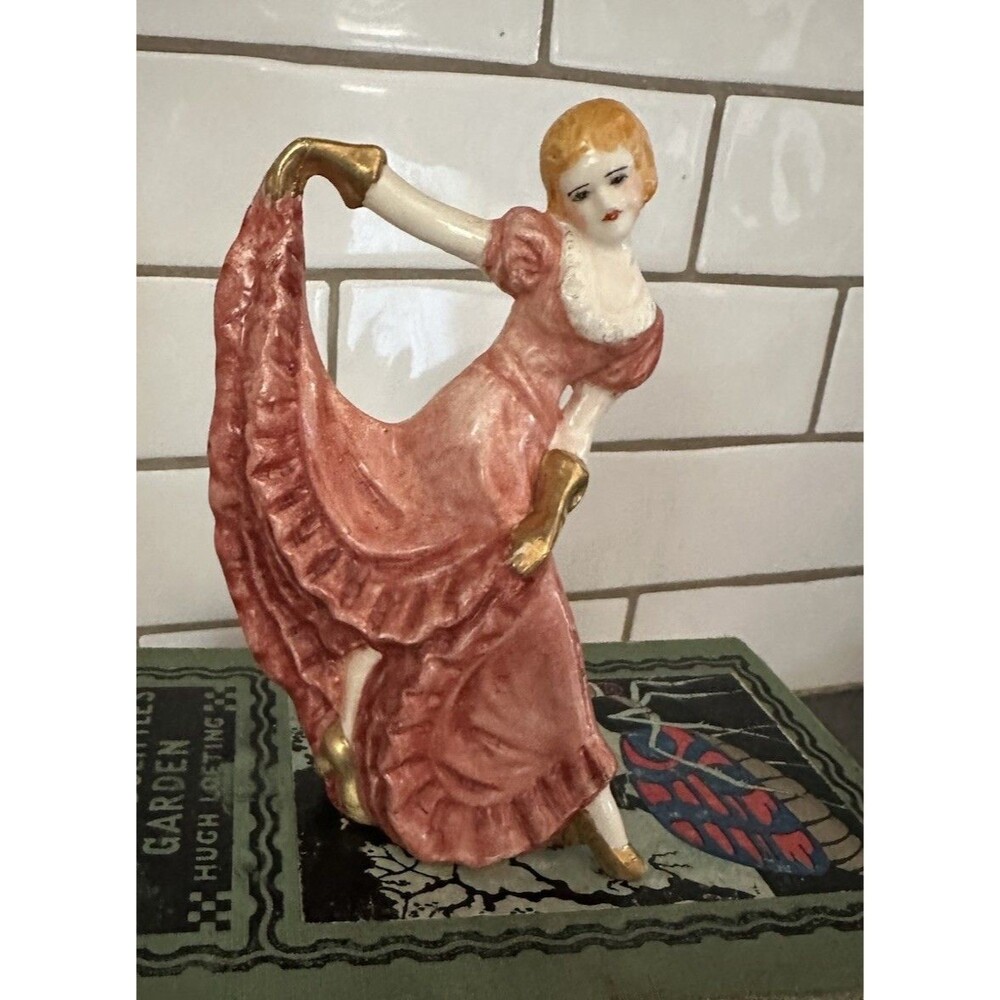 Art Deco Hand painted Pink Porcelain Sassy Flapper Dancer Figurine Signed
